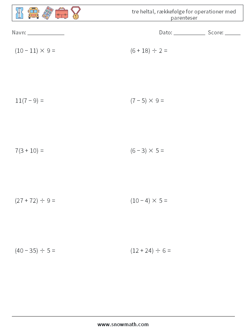 (10) tre heltal, rækkefølge for operationer med parenteser Matematiske regneark 4