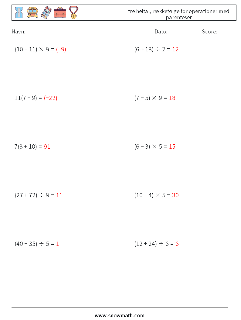 (10) tre heltal, rækkefølge for operationer med parenteser Matematiske regneark 4 Spørgsmål, svar