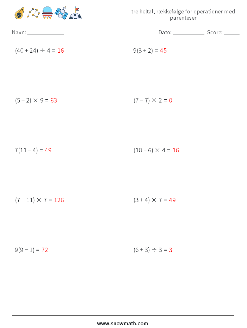 (10) tre heltal, rækkefølge for operationer med parenteser Matematiske regneark 8 Spørgsmål, svar