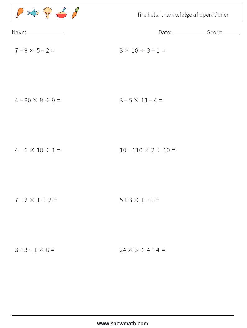 (10) fire heltal, rækkefølge af operationer Matematiske regneark 10