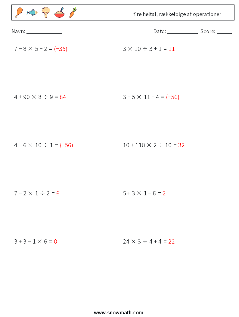 (10) fire heltal, rækkefølge af operationer Matematiske regneark 10 Spørgsmål, svar