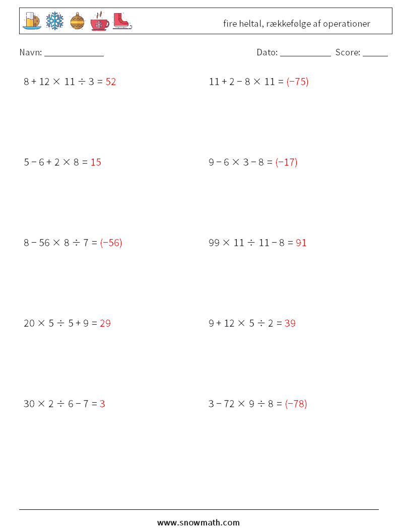 (10) fire heltal, rækkefølge af operationer Matematiske regneark 11 Spørgsmål, svar