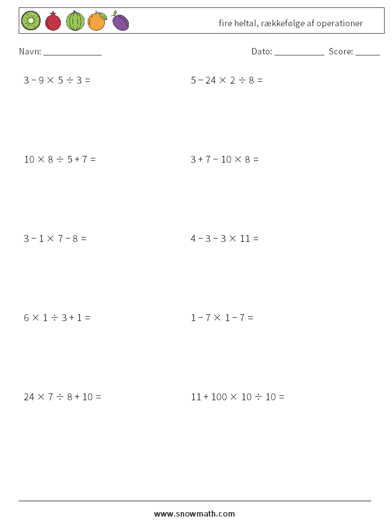 (10) fire heltal, rækkefølge af operationer Matematiske regneark 12