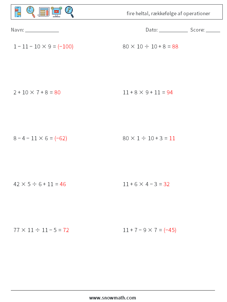 (10) fire heltal, rækkefølge af operationer Matematiske regneark 13 Spørgsmål, svar