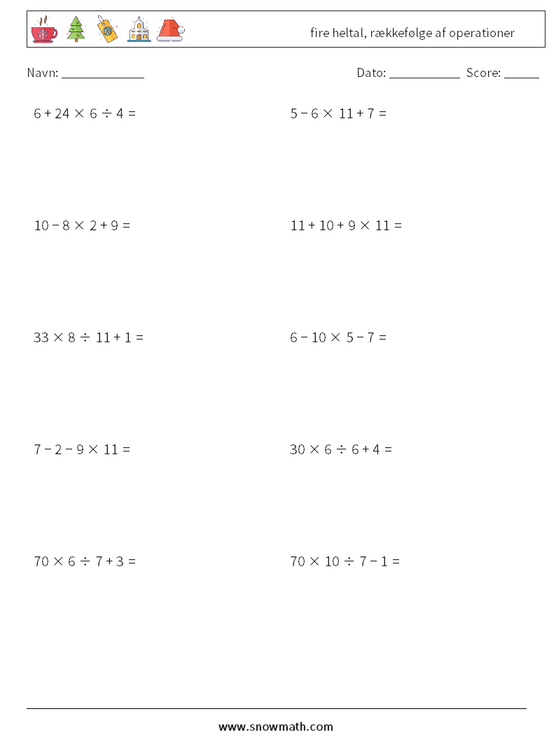 (10) fire heltal, rækkefølge af operationer Matematiske regneark 14
