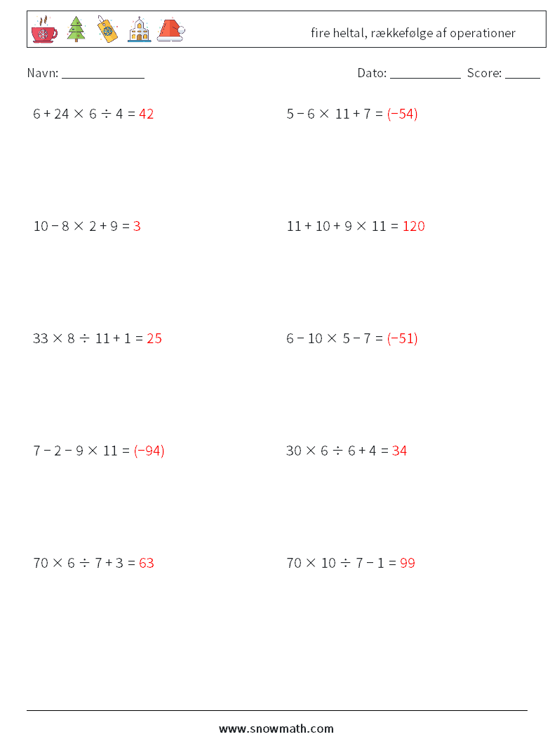 (10) fire heltal, rækkefølge af operationer Matematiske regneark 14 Spørgsmål, svar