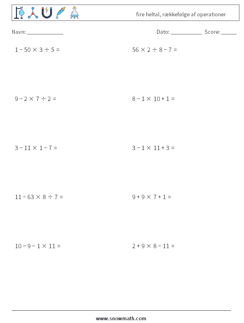 (10) fire heltal, rækkefølge af operationer Matematiske regneark 15