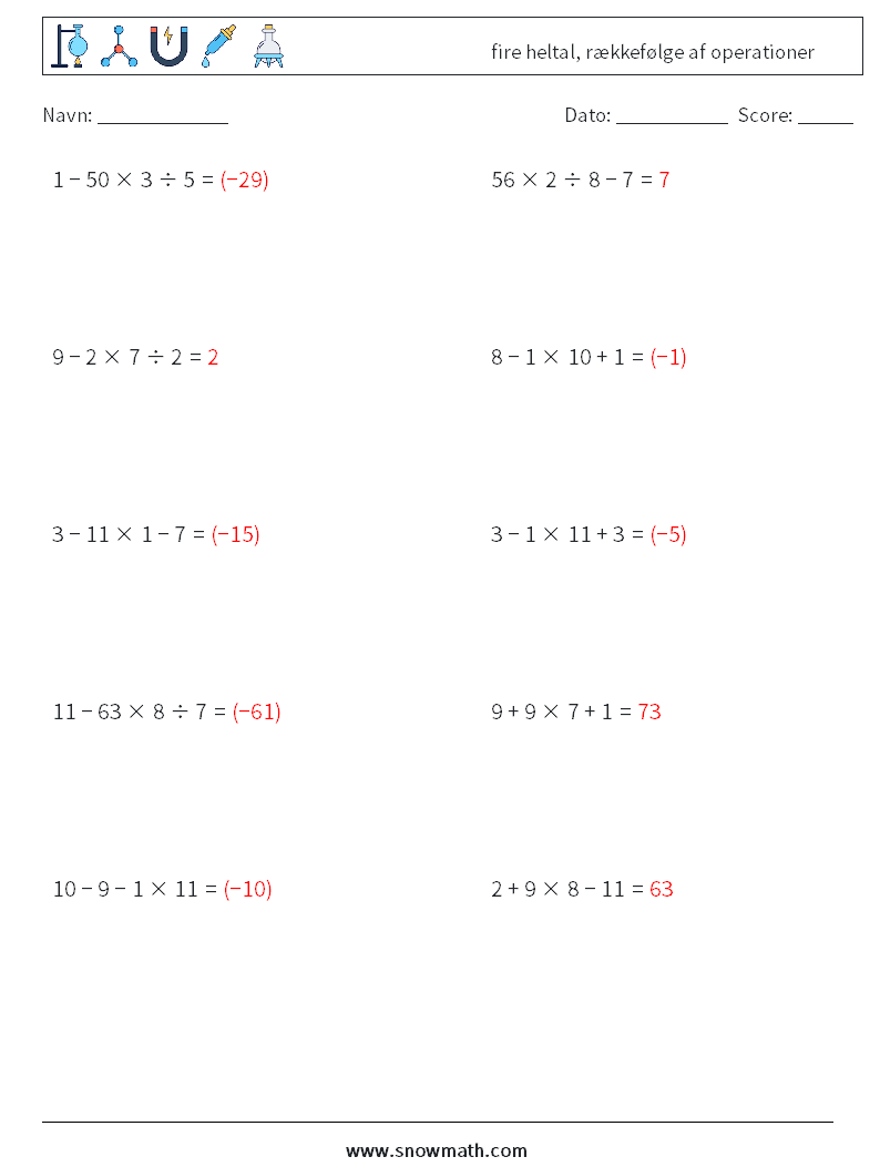 (10) fire heltal, rækkefølge af operationer Matematiske regneark 15 Spørgsmål, svar