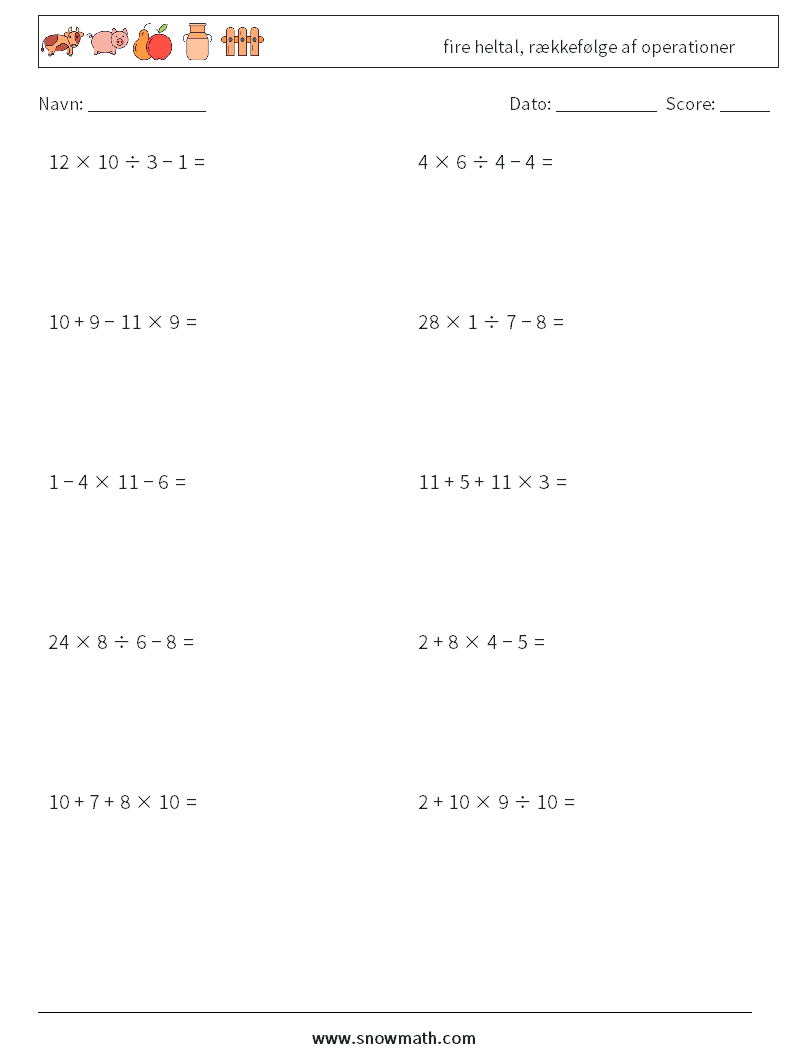 (10) fire heltal, rækkefølge af operationer Matematiske regneark 16