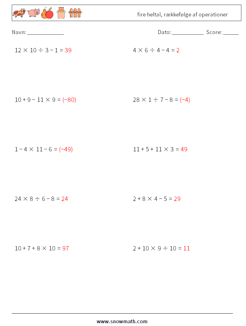 (10) fire heltal, rækkefølge af operationer Matematiske regneark 16 Spørgsmål, svar