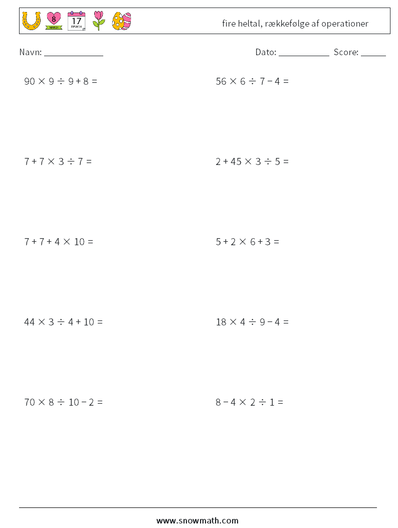 (10) fire heltal, rækkefølge af operationer Matematiske regneark 17