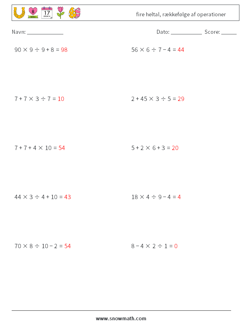 (10) fire heltal, rækkefølge af operationer Matematiske regneark 17 Spørgsmål, svar