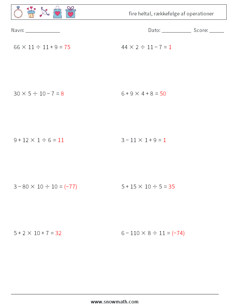 (10) fire heltal, rækkefølge af operationer Matematiske regneark 18 Spørgsmål, svar