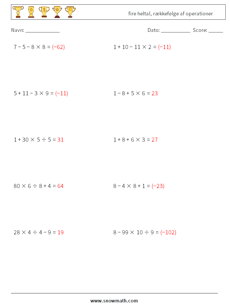 (10) fire heltal, rækkefølge af operationer Matematiske regneark 1 Spørgsmål, svar