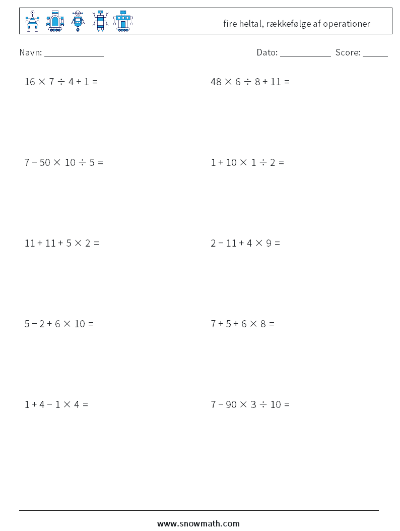 (10) fire heltal, rækkefølge af operationer Matematiske regneark 2