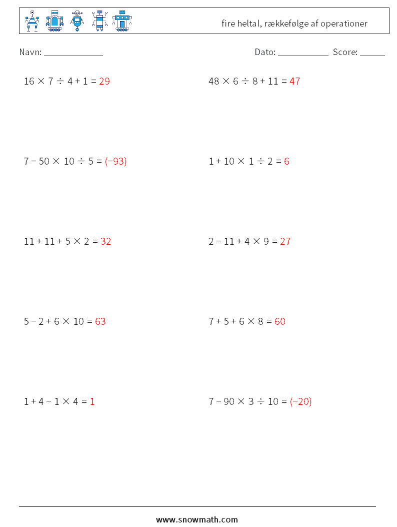 (10) fire heltal, rækkefølge af operationer Matematiske regneark 2 Spørgsmål, svar