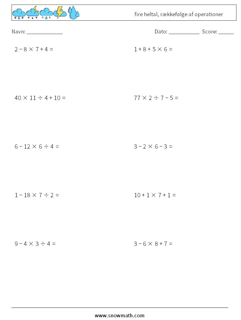 (10) fire heltal, rækkefølge af operationer Matematiske regneark 3