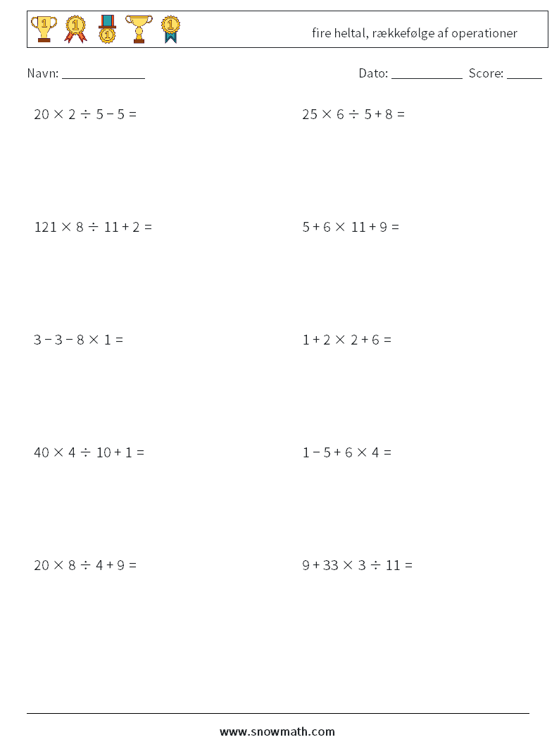 (10) fire heltal, rækkefølge af operationer Matematiske regneark 4