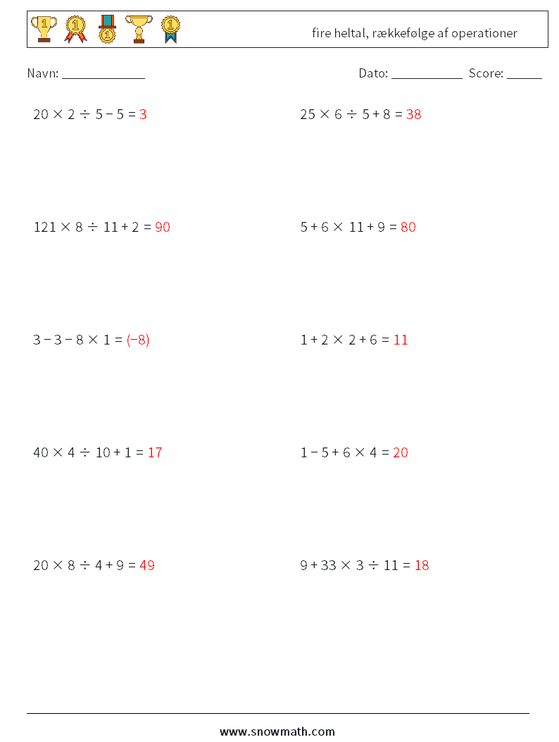 (10) fire heltal, rækkefølge af operationer Matematiske regneark 4 Spørgsmål, svar