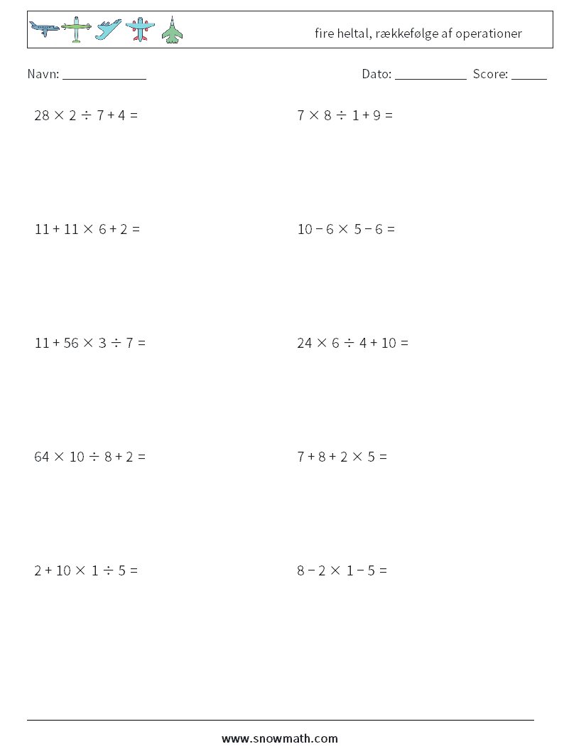 (10) fire heltal, rækkefølge af operationer Matematiske regneark 6