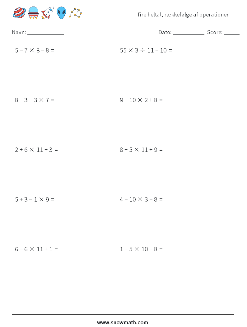 (10) fire heltal, rækkefølge af operationer Matematiske regneark 7