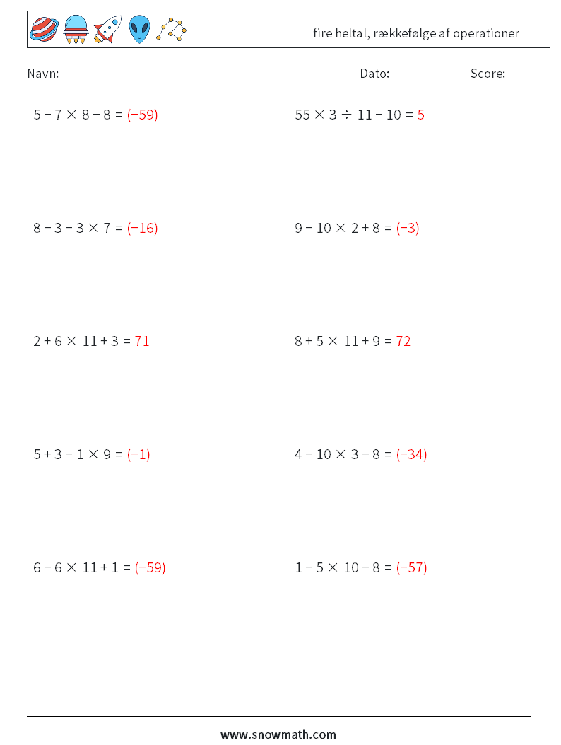 (10) fire heltal, rækkefølge af operationer Matematiske regneark 7 Spørgsmål, svar