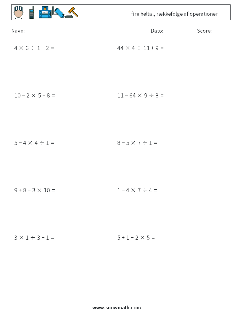 (10) fire heltal, rækkefølge af operationer Matematiske regneark 8