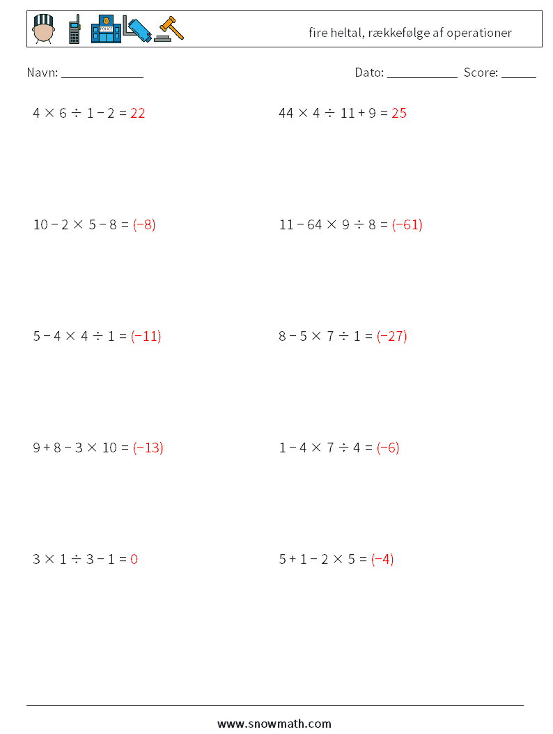 (10) fire heltal, rækkefølge af operationer Matematiske regneark 8 Spørgsmål, svar