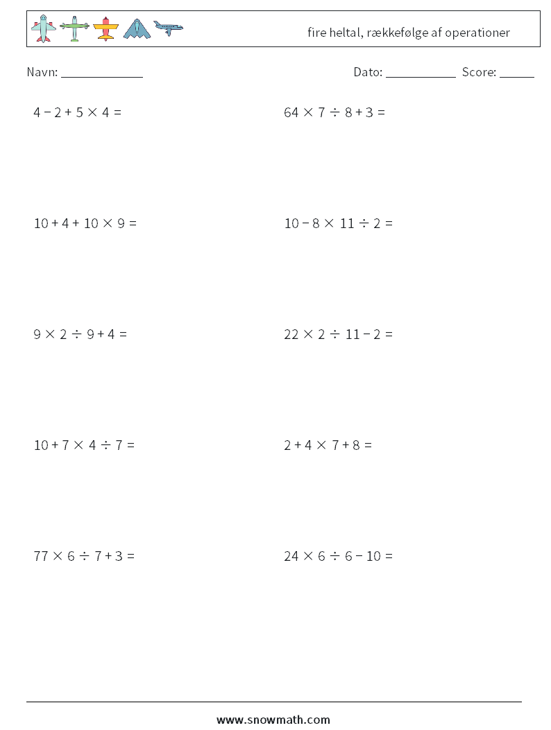 (10) fire heltal, rækkefølge af operationer Matematiske regneark 9
