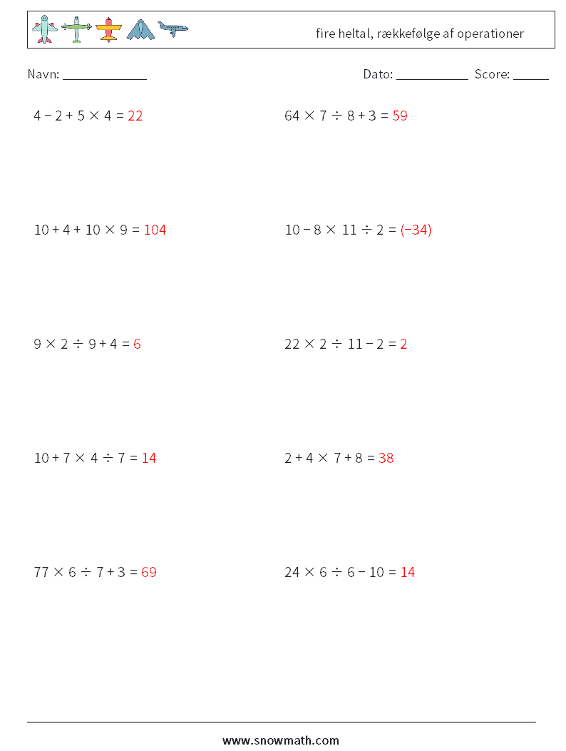 (10) fire heltal, rækkefølge af operationer Matematiske regneark 9 Spørgsmål, svar