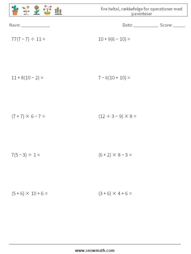 (10) fire heltal, rækkefølge for operationer med parenteser Matematiske regneark 10