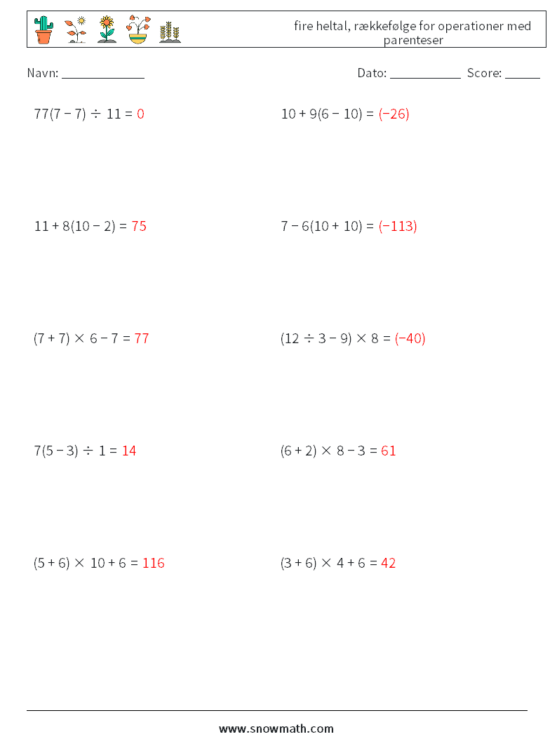 (10) fire heltal, rækkefølge for operationer med parenteser Matematiske regneark 10 Spørgsmål, svar