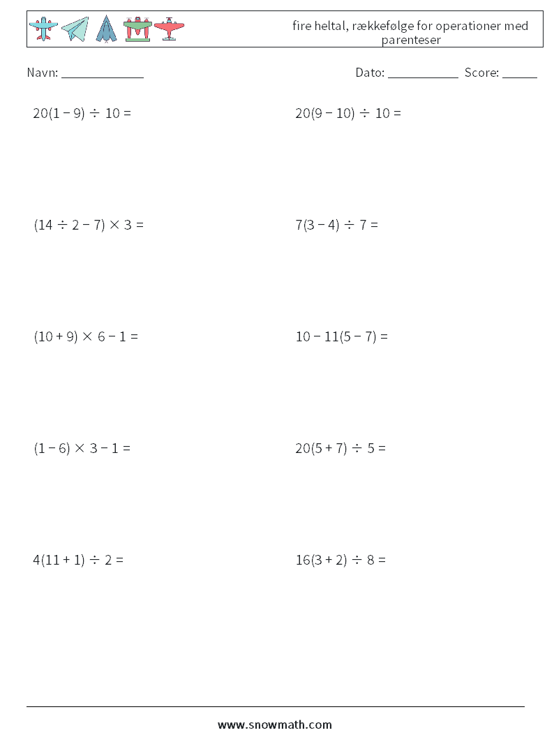 (10) fire heltal, rækkefølge for operationer med parenteser Matematiske regneark 11