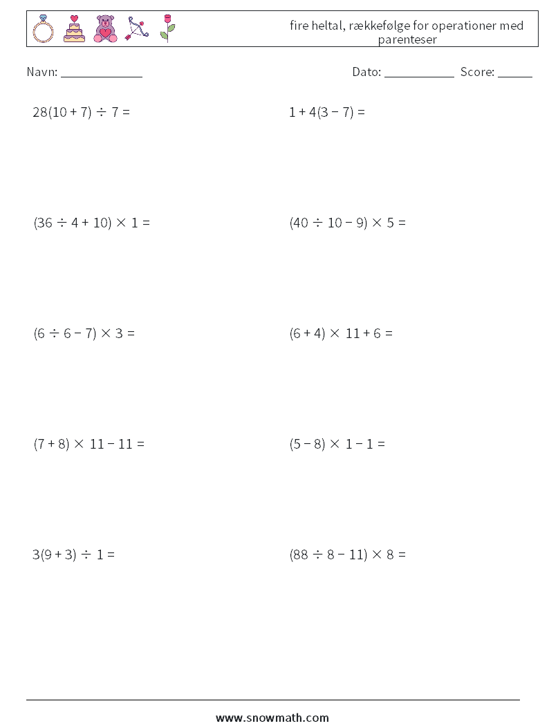 (10) fire heltal, rækkefølge for operationer med parenteser Matematiske regneark 12