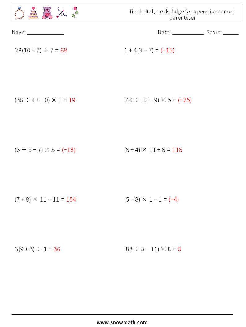 (10) fire heltal, rækkefølge for operationer med parenteser Matematiske regneark 12 Spørgsmål, svar