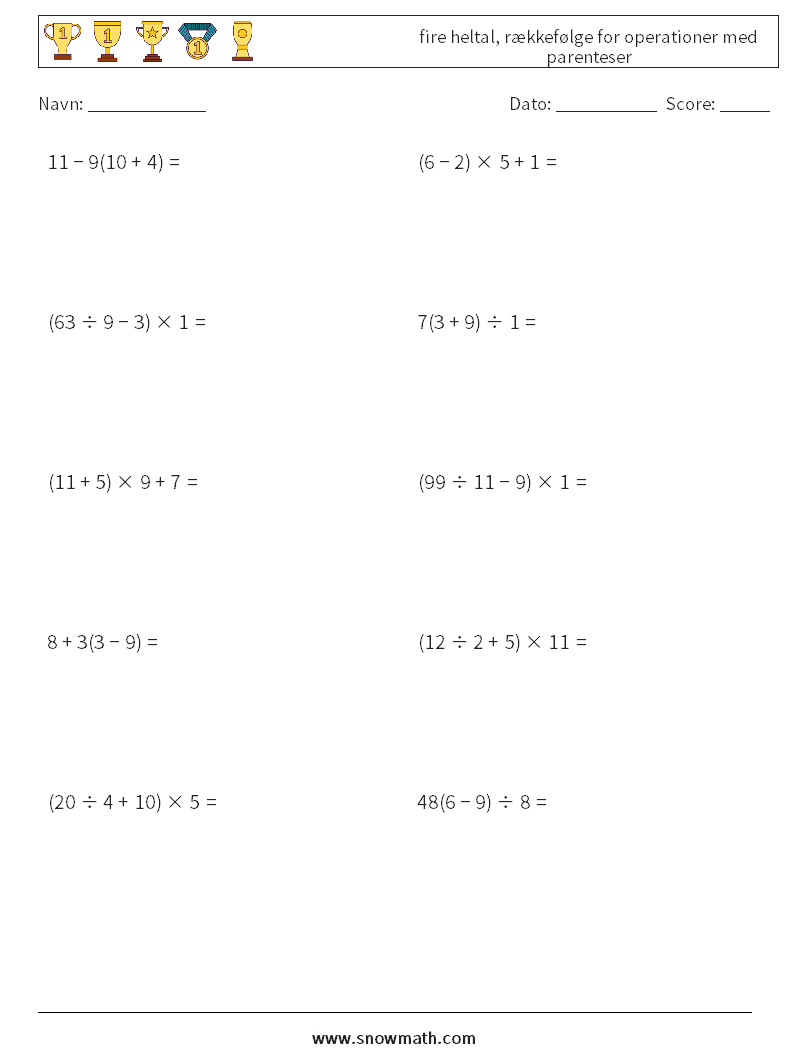 (10) fire heltal, rækkefølge for operationer med parenteser Matematiske regneark 13