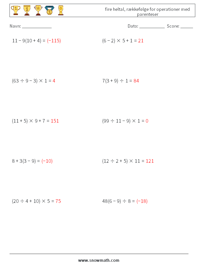 (10) fire heltal, rækkefølge for operationer med parenteser Matematiske regneark 13 Spørgsmål, svar