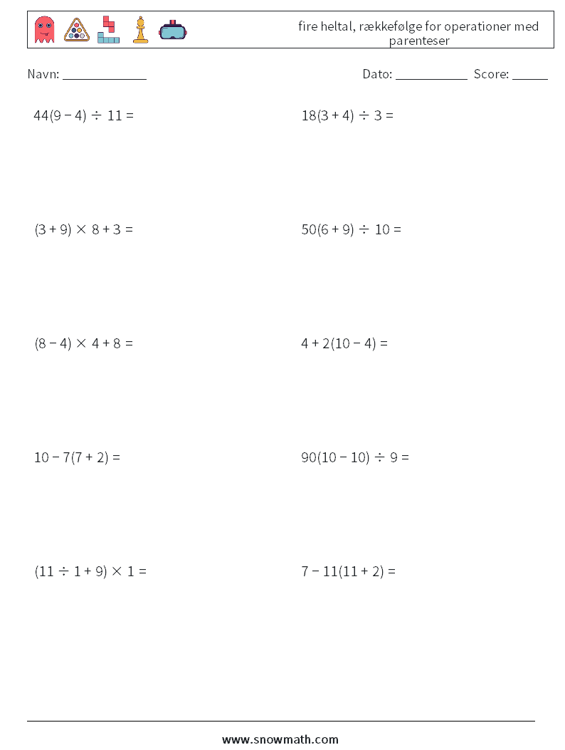 (10) fire heltal, rækkefølge for operationer med parenteser Matematiske regneark 14