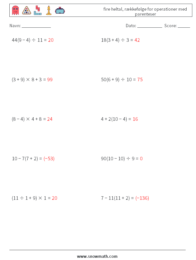 (10) fire heltal, rækkefølge for operationer med parenteser Matematiske regneark 14 Spørgsmål, svar