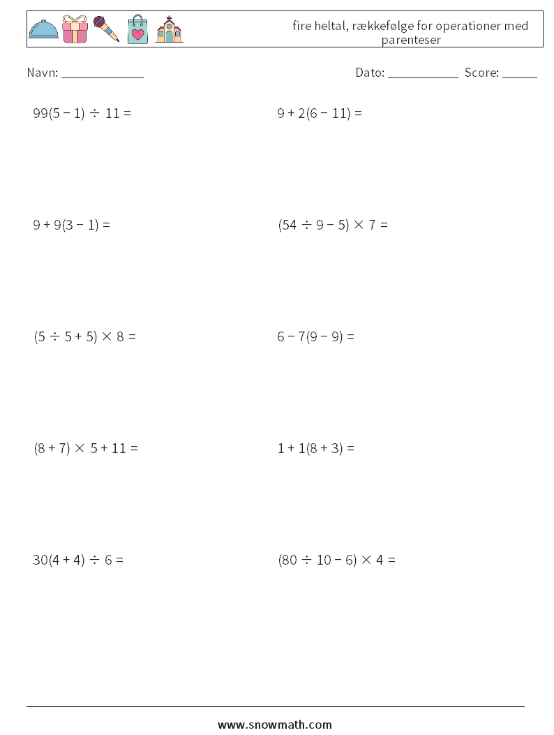 (10) fire heltal, rækkefølge for operationer med parenteser Matematiske regneark 15