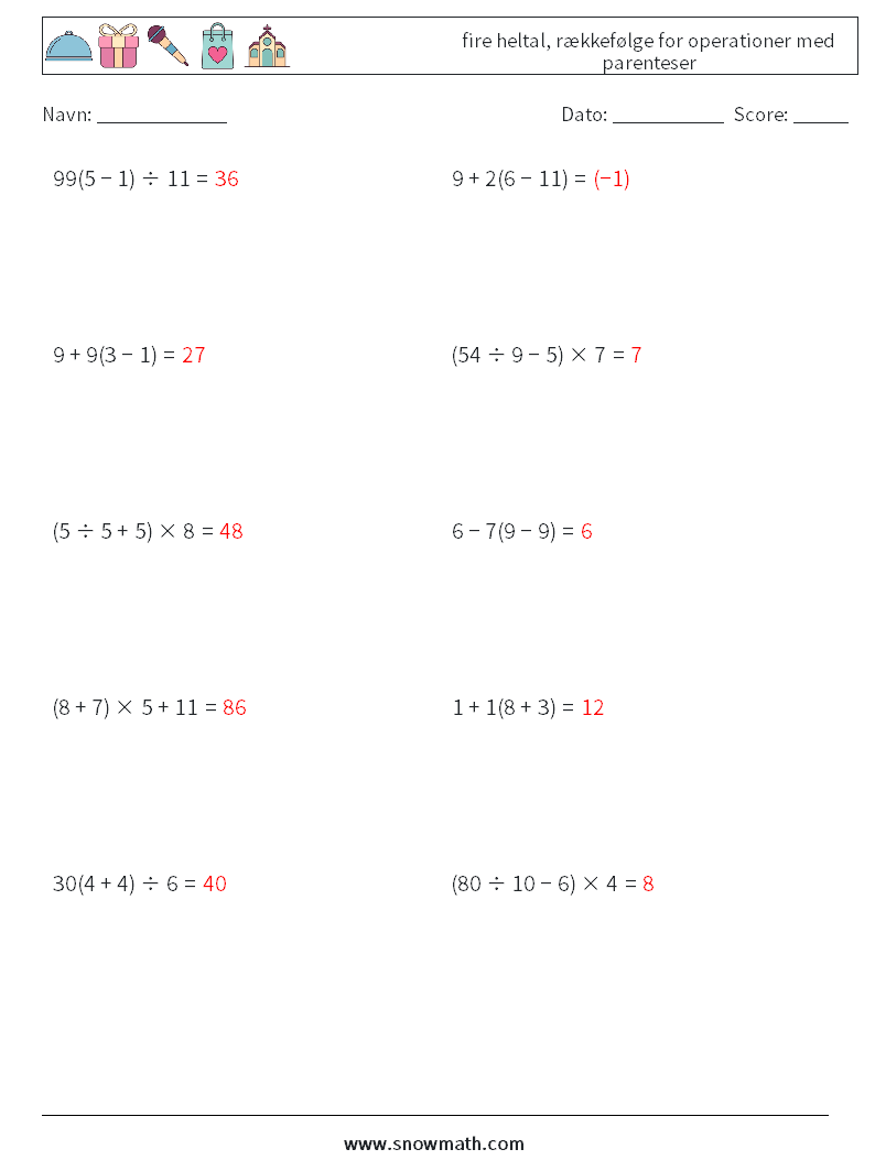 (10) fire heltal, rækkefølge for operationer med parenteser Matematiske regneark 15 Spørgsmål, svar