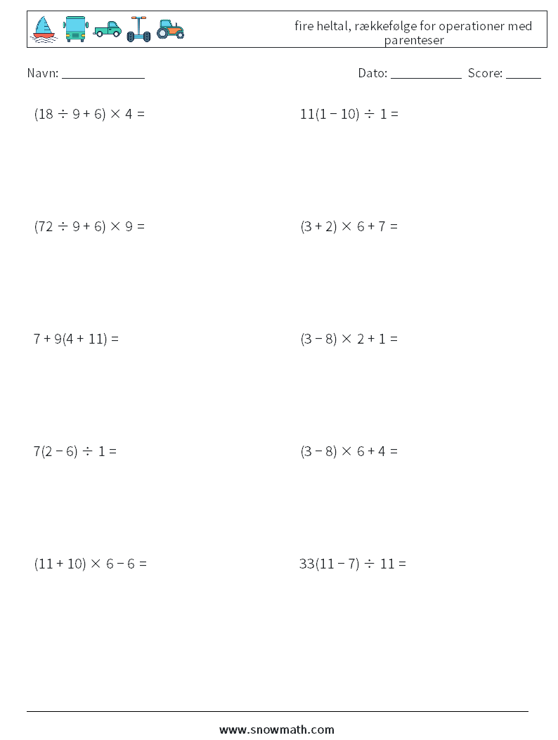 (10) fire heltal, rækkefølge for operationer med parenteser Matematiske regneark 16