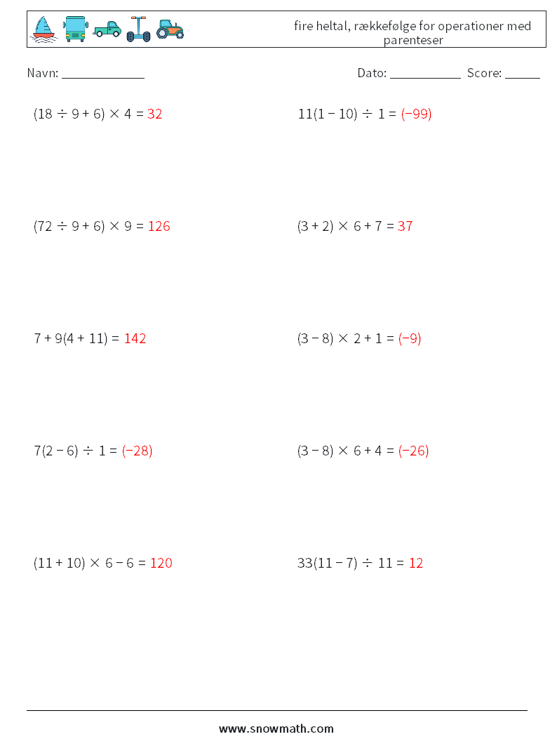 (10) fire heltal, rækkefølge for operationer med parenteser Matematiske regneark 16 Spørgsmål, svar