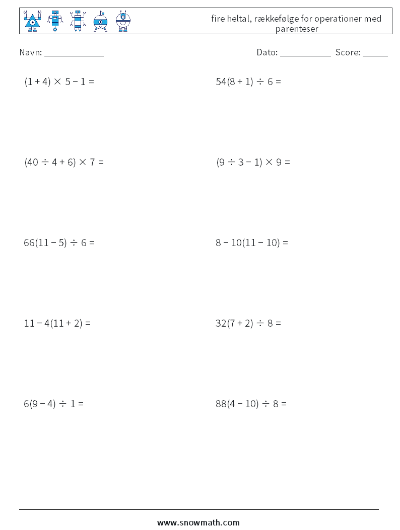 (10) fire heltal, rækkefølge for operationer med parenteser Matematiske regneark 17