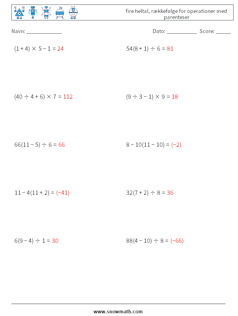 (10) fire heltal, rækkefølge for operationer med parenteser Matematiske regneark 17 Spørgsmål, svar