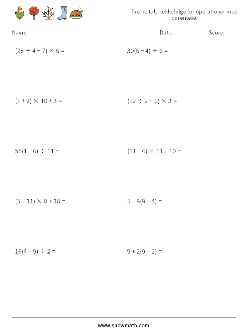 (10) fire heltal, rækkefølge for operationer med parenteser Matematiske regneark 18