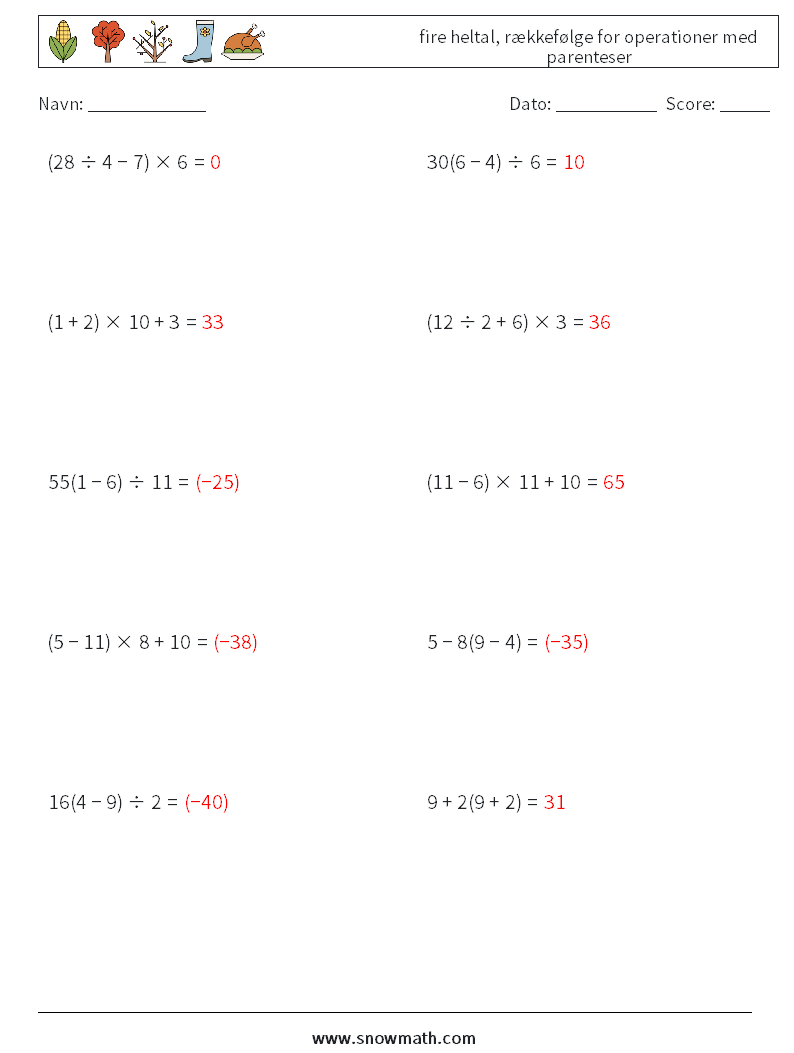 (10) fire heltal, rækkefølge for operationer med parenteser Matematiske regneark 18 Spørgsmål, svar