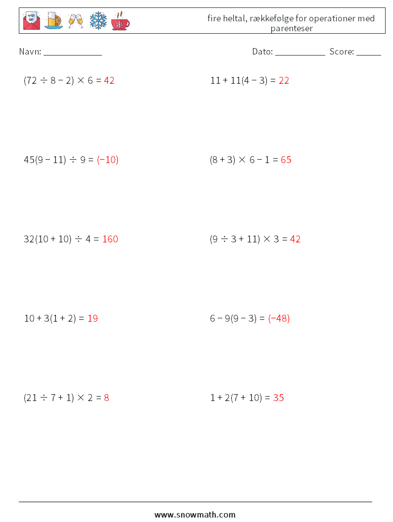 (10) fire heltal, rækkefølge for operationer med parenteser Matematiske regneark 1 Spørgsmål, svar