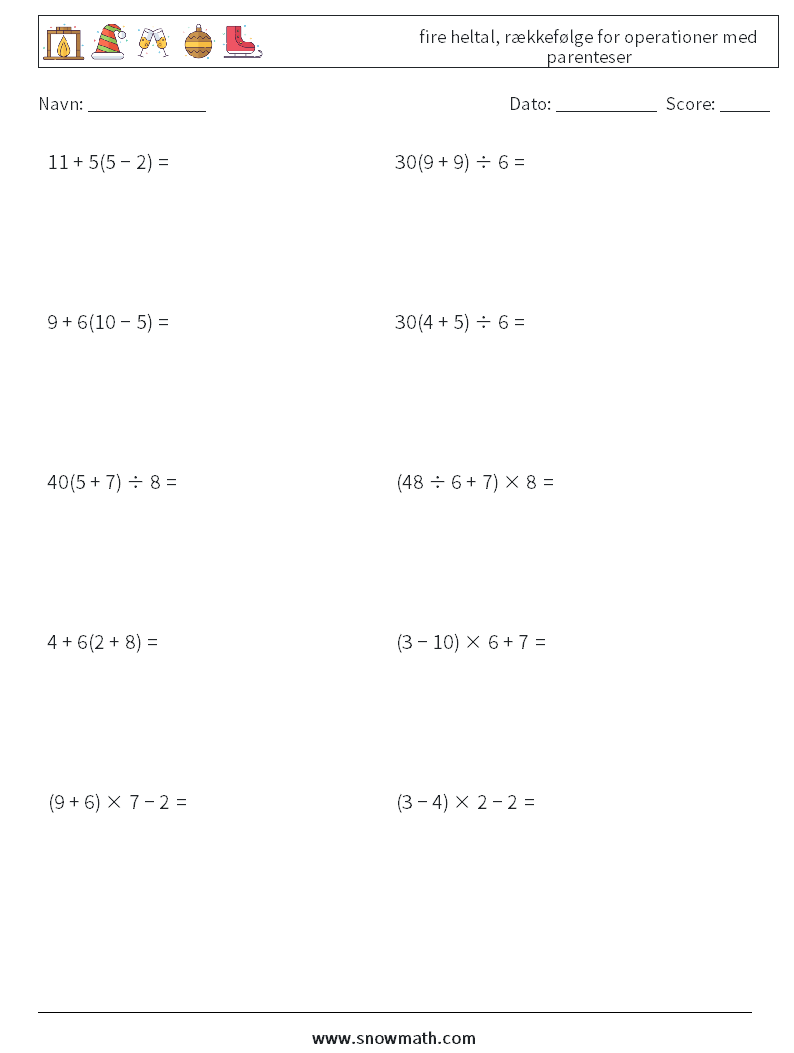 (10) fire heltal, rækkefølge for operationer med parenteser Matematiske regneark 2