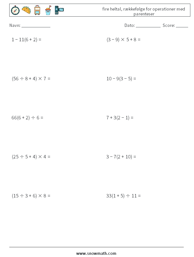 (10) fire heltal, rækkefølge for operationer med parenteser Matematiske regneark 3
